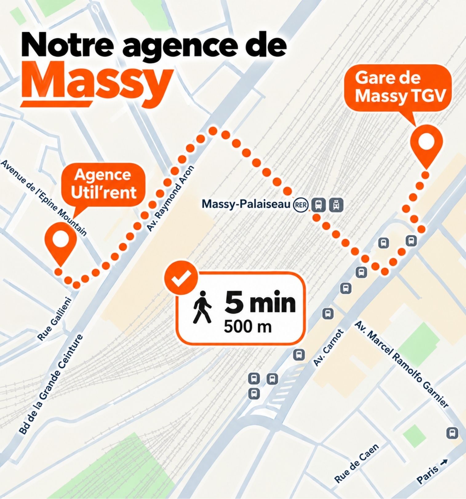 carte précisant le trajet de 5 minutes à pied pour aller de la Gare de Massy TGV à l'agence de location de véhicules Util'rent Massy