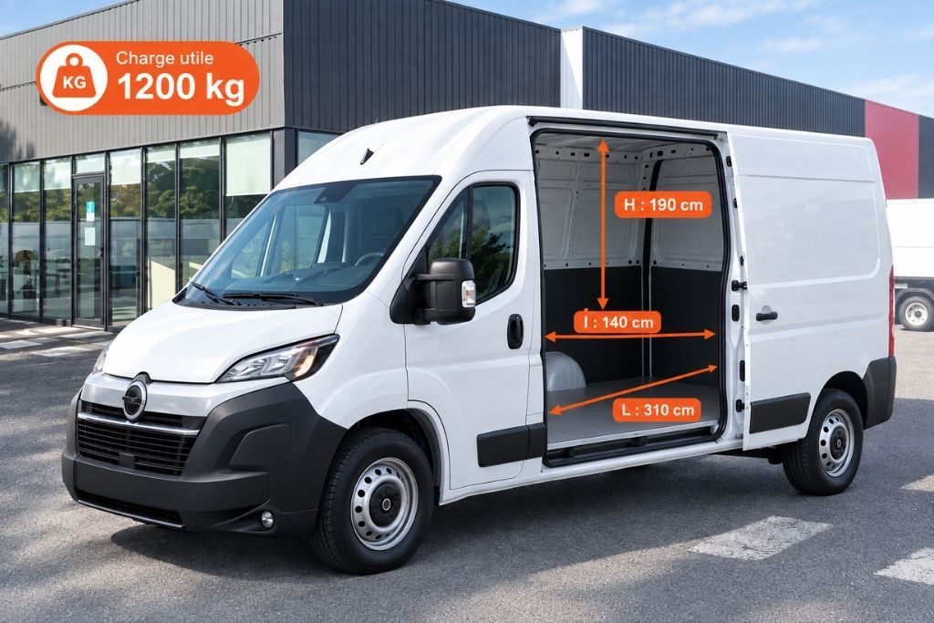 dimensions et charge utiles du fourgon utilitaire opel movano 12m3 L2H2 en location chez Util'rent