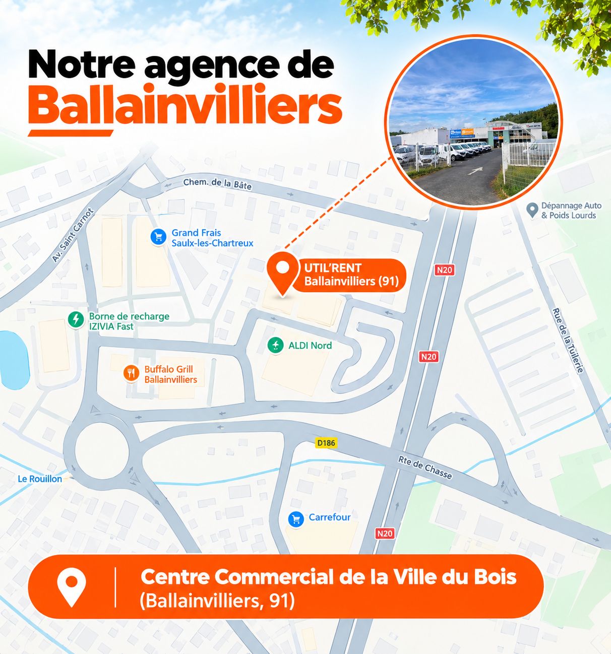carte situant l'agence de location Util'rent Ballainvilliers dans la zone commerciale de la Ville du Bois