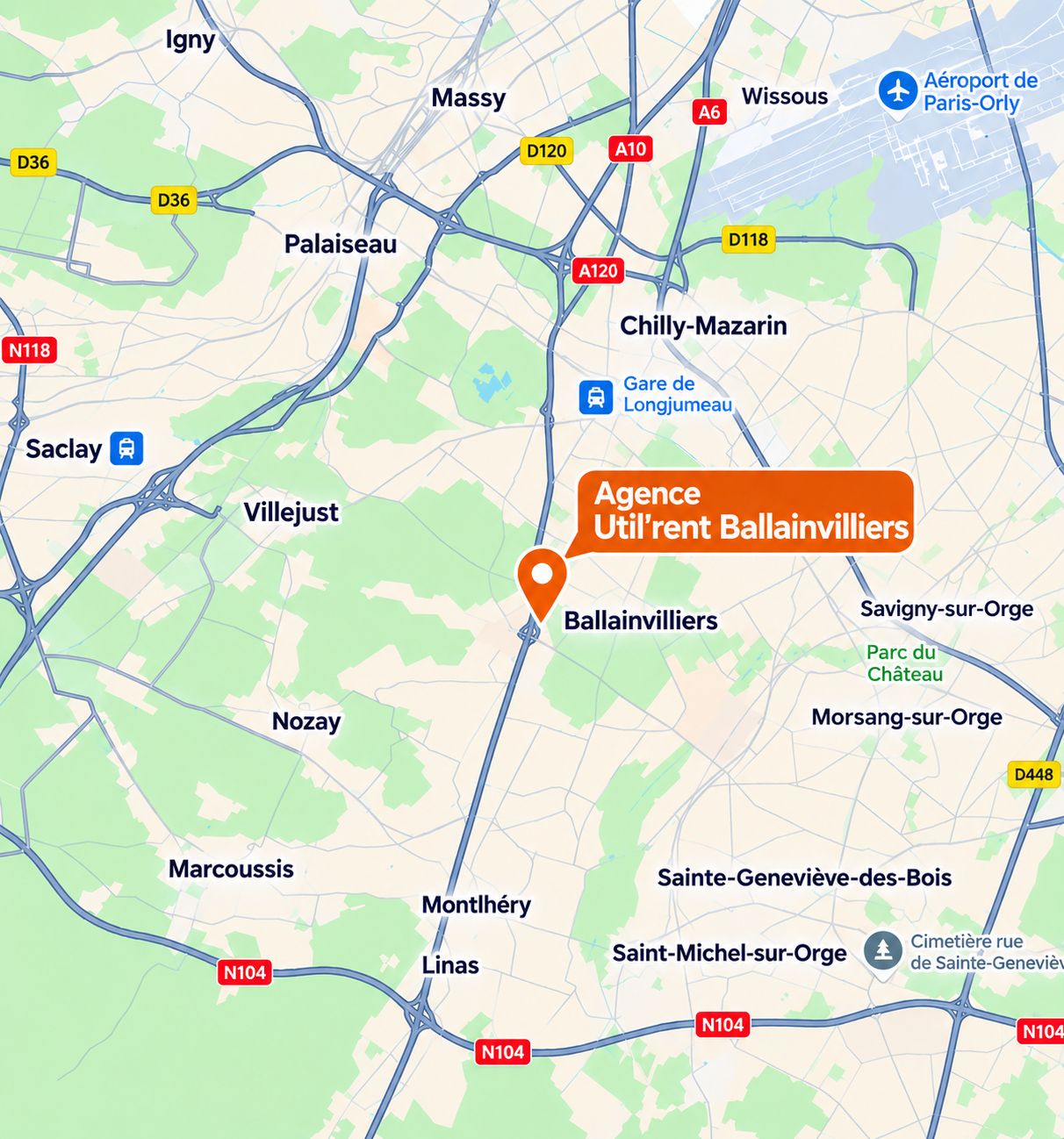 carte situant l'agence de location de véhicule Util'rent Ballainvilliers